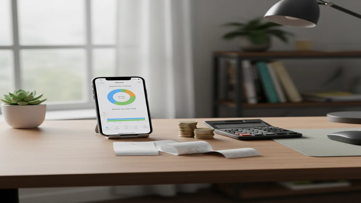 iPhone showing expense dashboard with charts beside coins, calculator, and receipts on a tidy desk