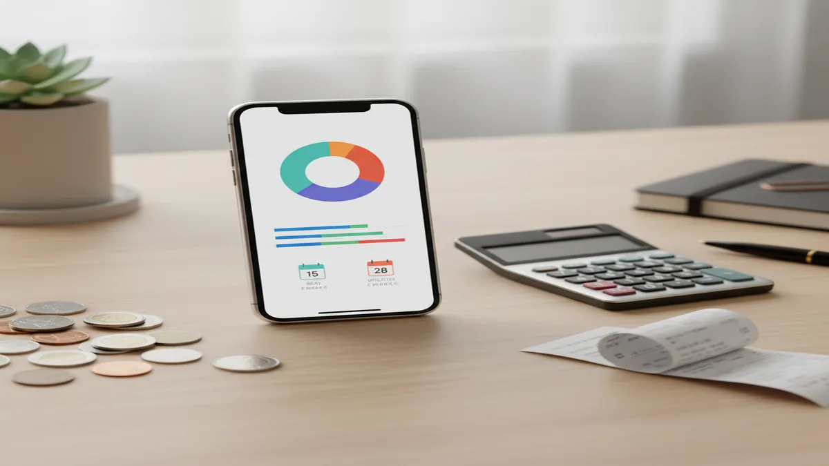 iPhone on desk showing bills dashboard with due dates, pie chart, coins, and calculator nearby