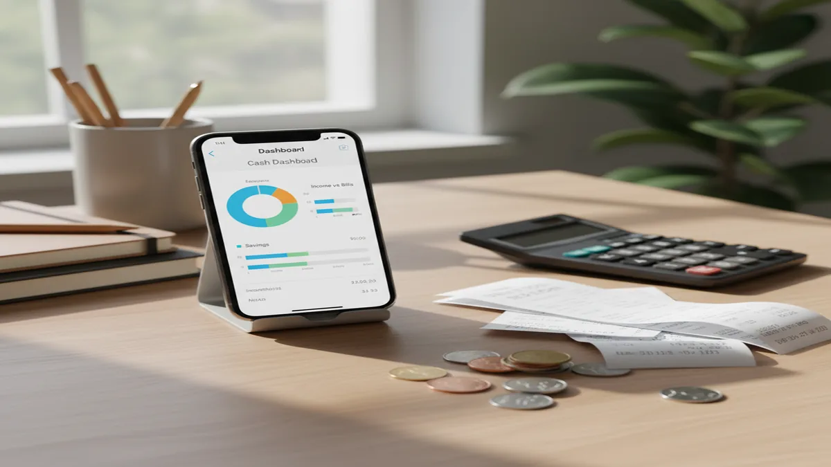 iPhone showing cash flow dashboard with charts beside receipts, coins, and a small calculator