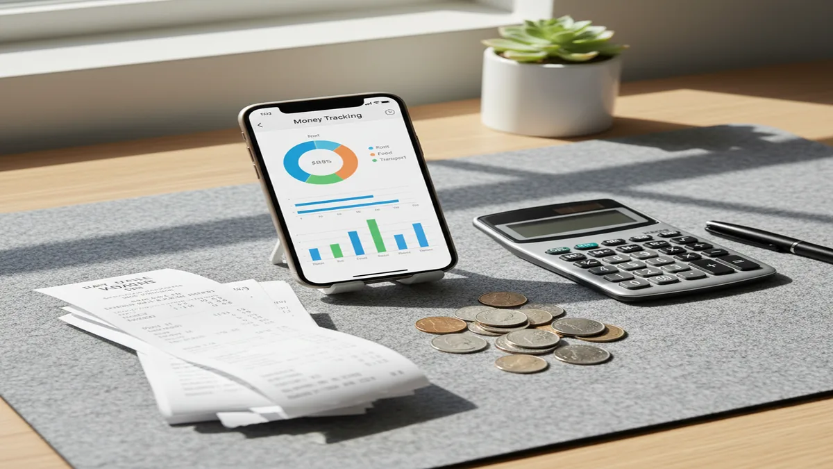 iPhone showing expense dashboard with charts, receipts beside coins, calculator, and notebook on desk