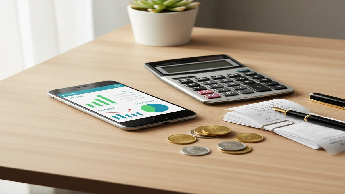 iPhone showing income dashboard beside calculator, coins, and notebook on an organized desk
