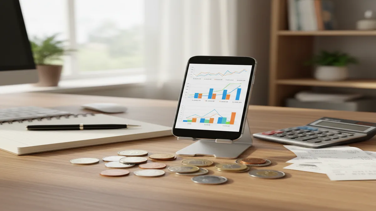 iPhone showing multi-currency spending dashboard beside coins, a calculator, and printed receipts on desk