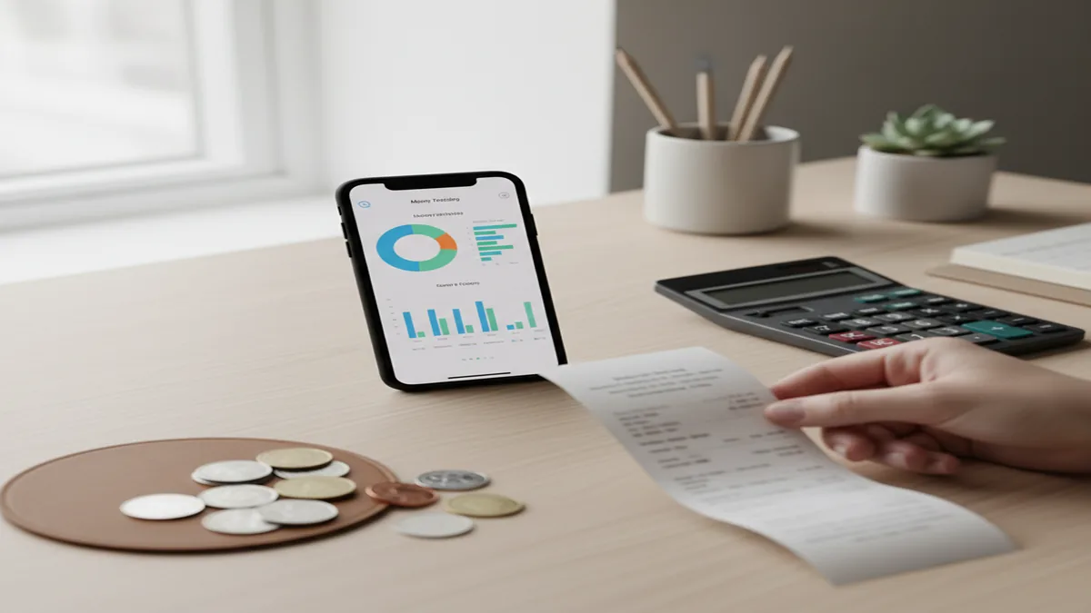 iPhone scanning a receipt on a desk with charts, coins, and a calculator beside it