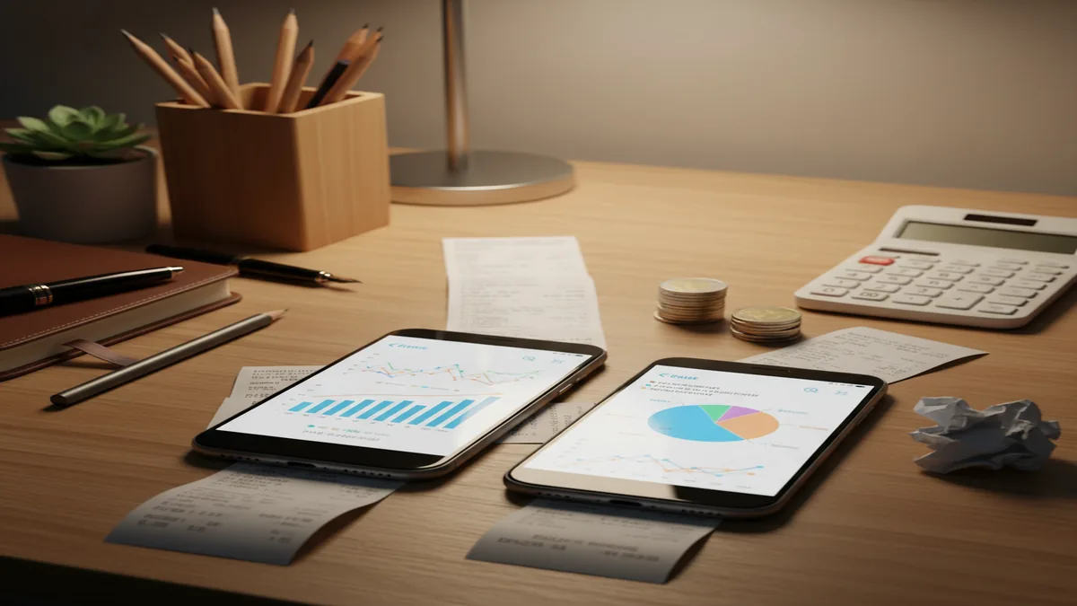 Two iPhones showing spending charts beside receipts, coins, and a calculator on a desk