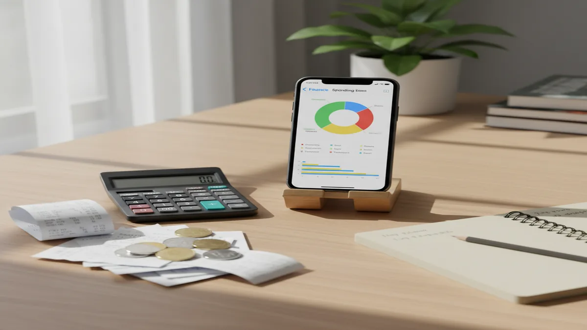 iPhone showing spending dashboard with pie chart beside receipts, coins, and a calculator on desk