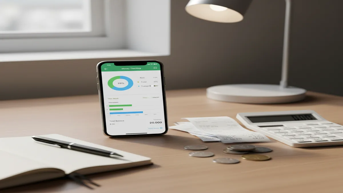 iPhone showing spending categories and charts beside receipts, coins, and a notebook on desk